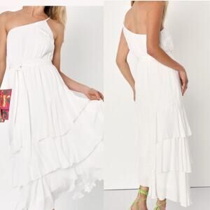 LULU'S XS Slice of Sunshine White One-Shoulder Tiered Midi Dress NEW B54